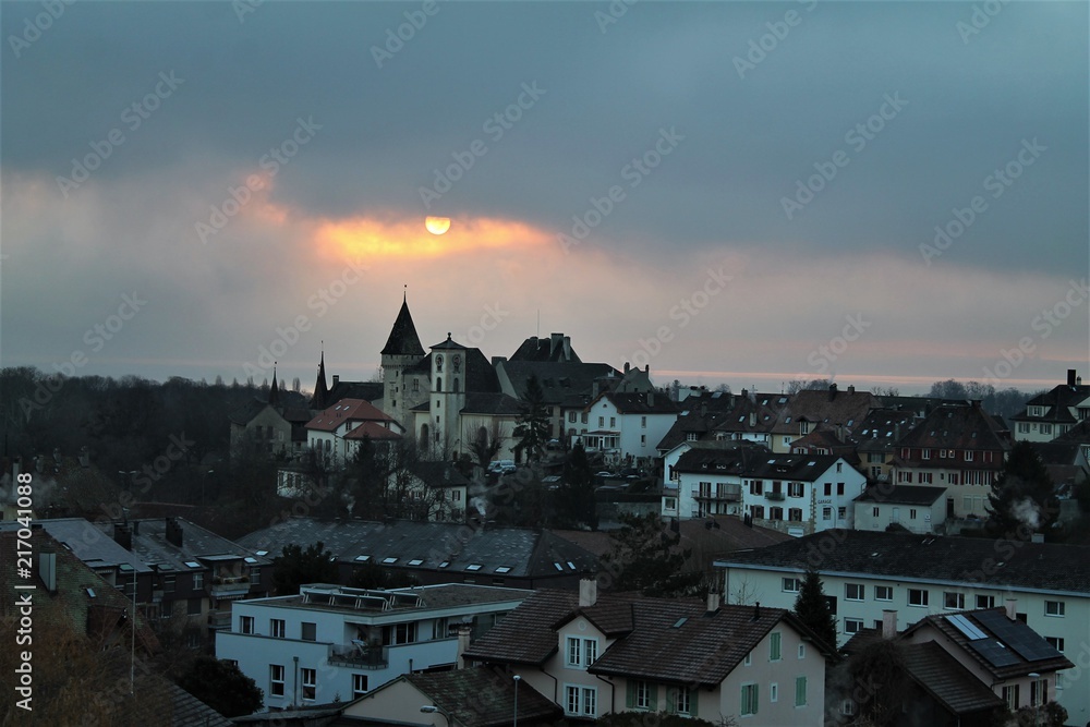 Morning view over the castle of Colombier and lake Neuchatel, Switzerland