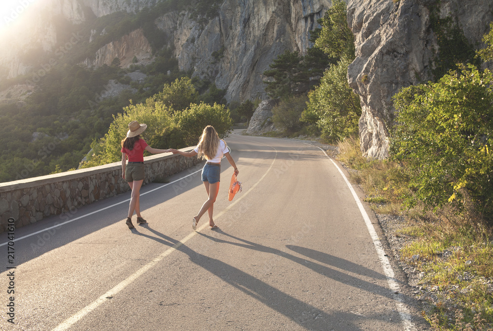 Fototapeta premium two best friends are walking along the mountain road