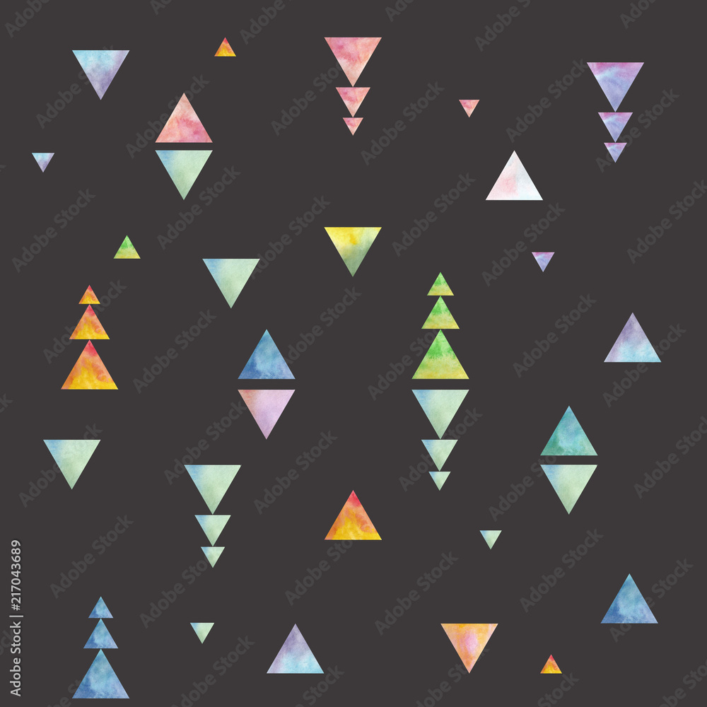 Seamless watercolor geometry texture of bright triangles on a gray background