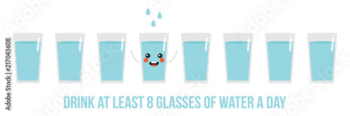 Vector horizontal illustration, banner, header with cute glasses of water. Concept of drinking eight glasses of water a day.