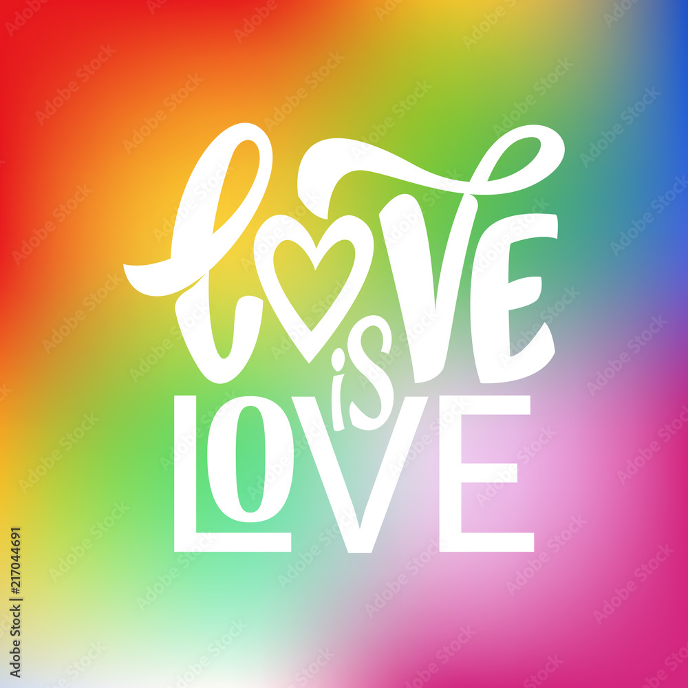 Fototapeta premium Gay Lettering. Conceptual poster with LGBT rainbow hand lettering for print materials and design elements. Colorful glitter handwritten phrase Love is Love isolated on black background. Vector