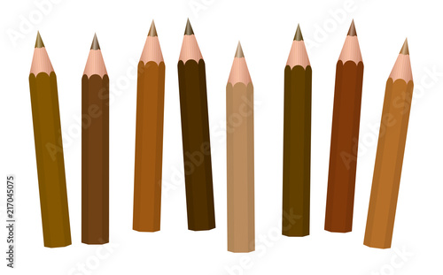 Brown pencils - different shades of brown like cinnamon, brunette, mocha, umber, chocolate, caramel, peanut, coffee, light, medium or dark brown - loosely arranged - vector on white.
