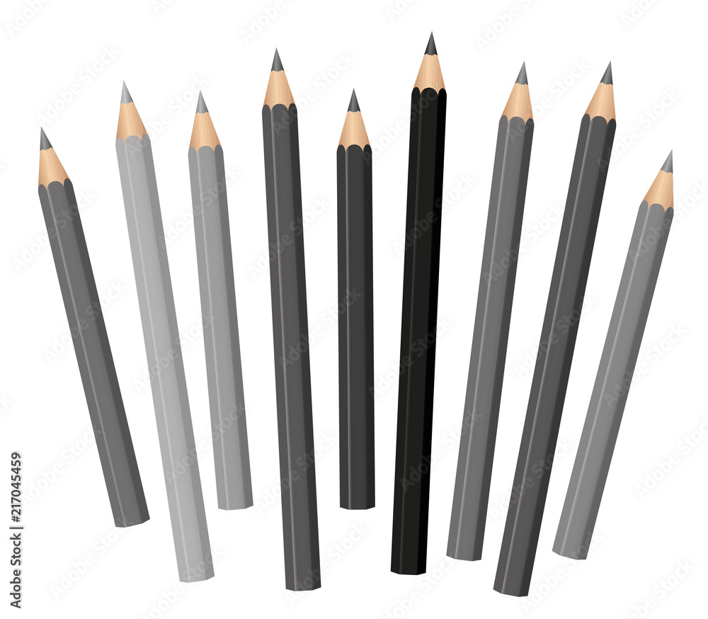 Gray pencils - different shades and lengths - loosely arranged - gray tones  from light gray to deep black. Vector on white. Stock Vector | Adobe Stock