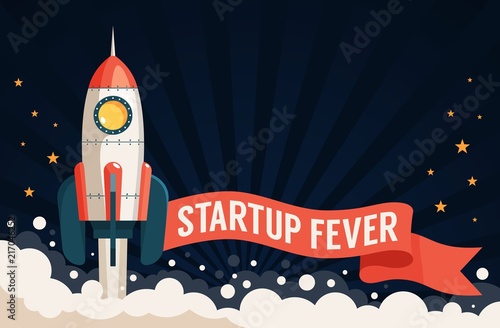 Launch rocket and ribbon with an inscription - a template for a startup poster