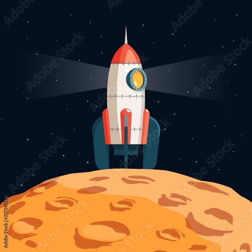 Cartoon rocket spaceship on the surface of the moon shines with portholes