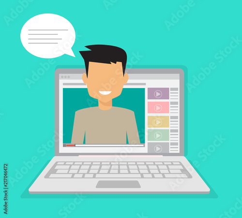 Male blogger making a review. Advertising online using the website. Flat vector illustration