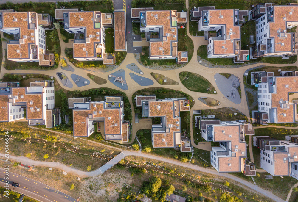 Aerial view of urban buildings with appartments in small town