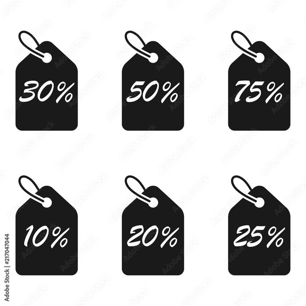 Simple, flat, black and white percent discount tag icon set. Six variations. Isolated on white