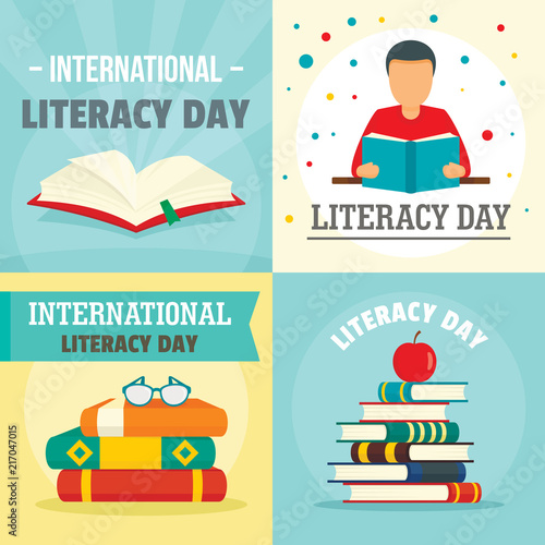 Literacy Day book international library banner concept set. Flat illustration of 4 Literacy Day book international library vector banner concepts for web