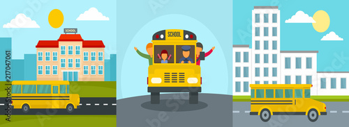 School bus back kids banner concept set. Flat illustration of 3 school bus back kids vector banner concepts for web