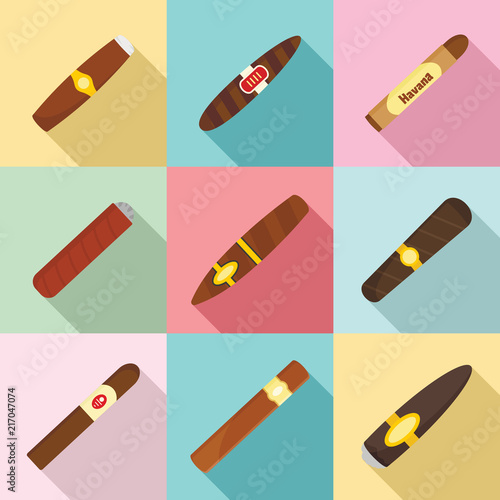 Cigar cuban paper weed cigarette icons set. Flat illustration of 9 cigar cuban paper weed cigarette vector icons for web