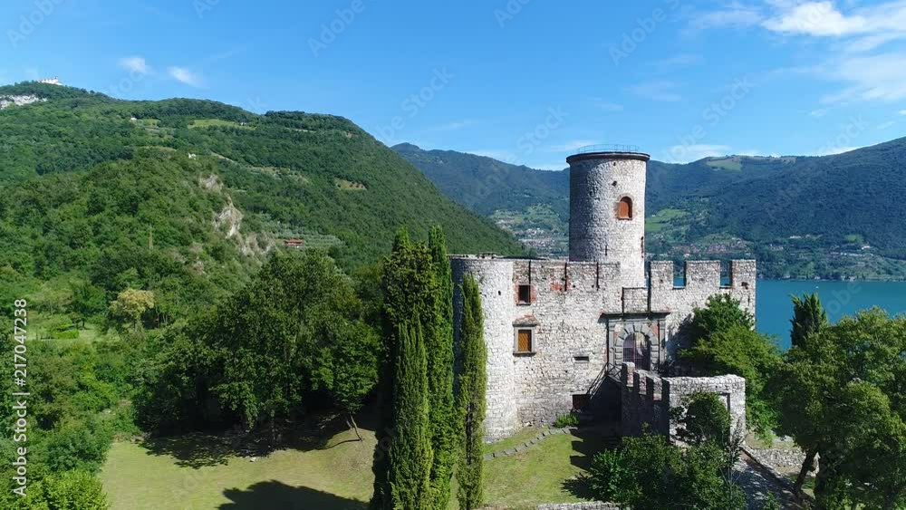 Aerial view of the Martinengo fortress on the d'Iseo lake in Italy Aerial view of the Martinengo fortress on the d'Iseo lake in Italy