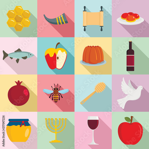 Rosh Hashanah jewish holiday torah icons set. Flat illustration of 16 Rosh Hashanah jewish holiday torah vector icons for web