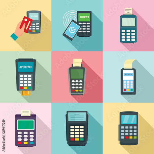 Bank terminal card credit machine icons set. Flat illustration of 9 Bank terminal card credit machine vector icons for web