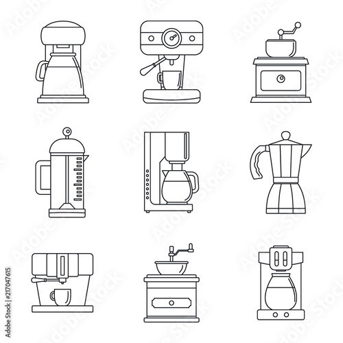 Coffee maker pot espresso cafe icons set. Outline illustration of 9 coffee maker pot espresso cafe vector icons for web