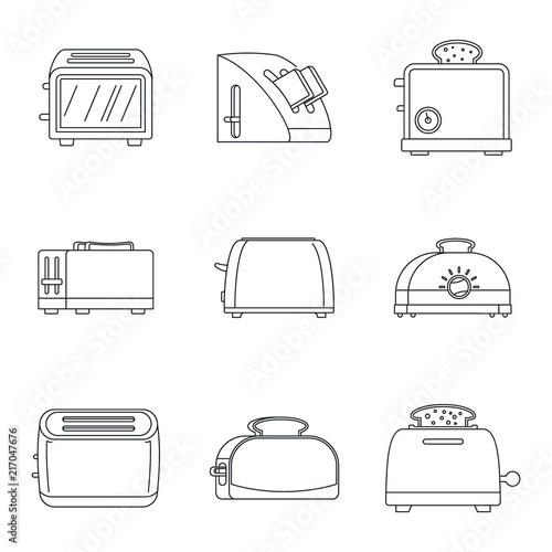 Toaster kitchen bread gourmet oven icons set. Outline illustration of 9 toaster kitchen bread gourmet oven vector icons for web