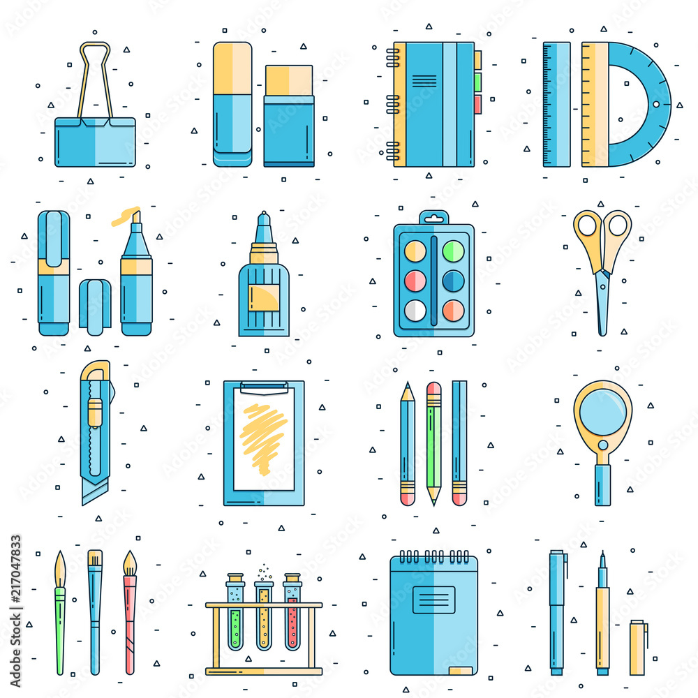 Set of school supplies in flat color line design: binder clip, eraser, copybook, marker, glue, kids' paint, scissors, cutter, clip file holder, pencil, magnifier, brush, test tube, pen, notepad. Set of school supplies in flat color line design: binder clip, eraser, copybook, marker, glue, kids' paint, scissors, cutter, clip file holder, pencil, magnifier, brush, test tube, pen, notepad.