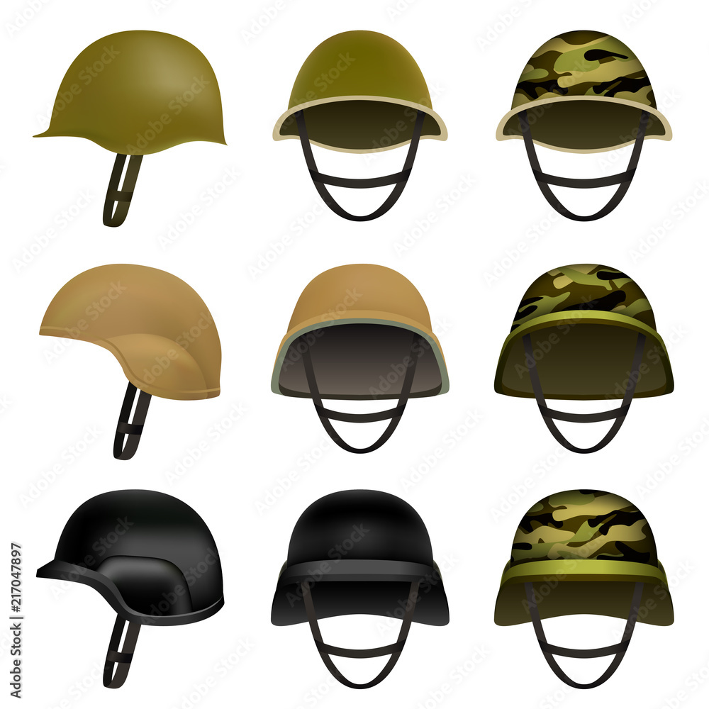 Army helmet soldier military hat mockup set. Flat illustration of 9