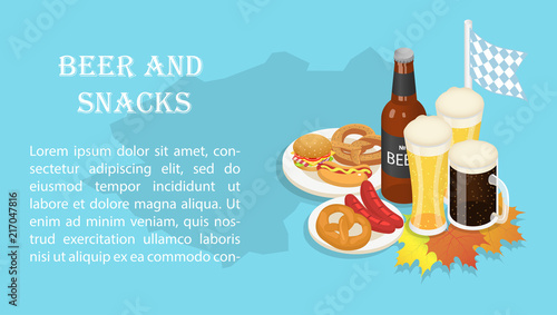 Oktoberfest beer snack party german banner concept. Isometric illustration of Oktoberfest beer snack party german vector banner for web
