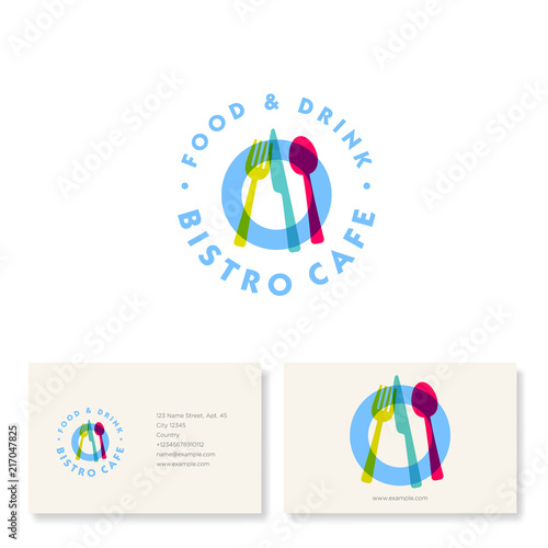 Bistro cafe logo. Cooking utensil illustration. Transparent plate, knife, fork and spoon, isolated on a white background. Identity. Business card. 