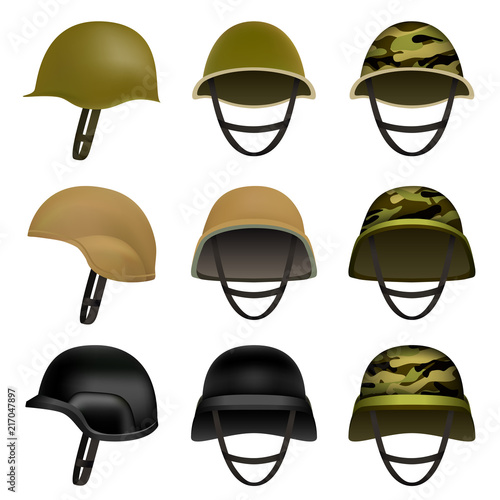 Army helmet soldier military hat mockup set. Flat illustration of 9 army helmet soldier military hat vector mockups for web