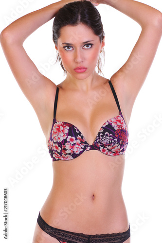 Happy woman posing in flowers bikini