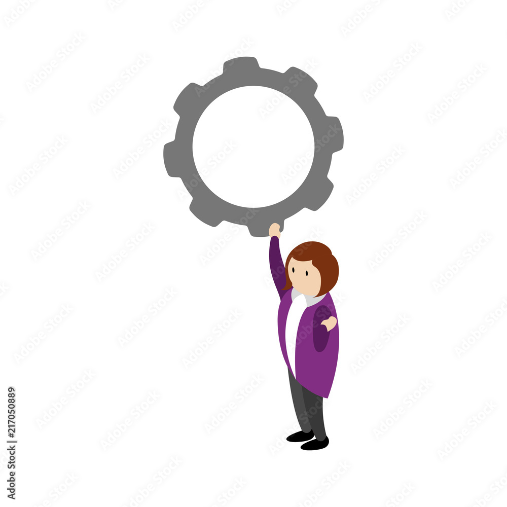 Isolated businesswoman holding a gear piece Isolated businesswoman holding a gear piece