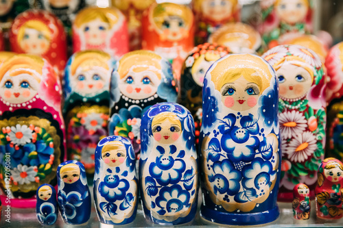Colorful Russian Nesting Dolls Matreshka At Market.  photo