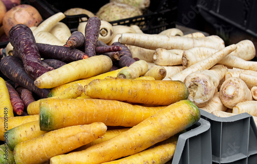 Different kinds of carrot and parsnip at market.