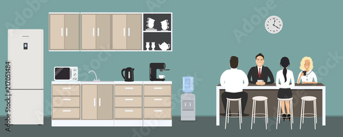 Office kitchen. Dining room in the office. Employees are sitting at the table. Coffee break. There are kitchen cabinets, a fridge, a microwave, a kettle and a coffee machine in the image. Vector