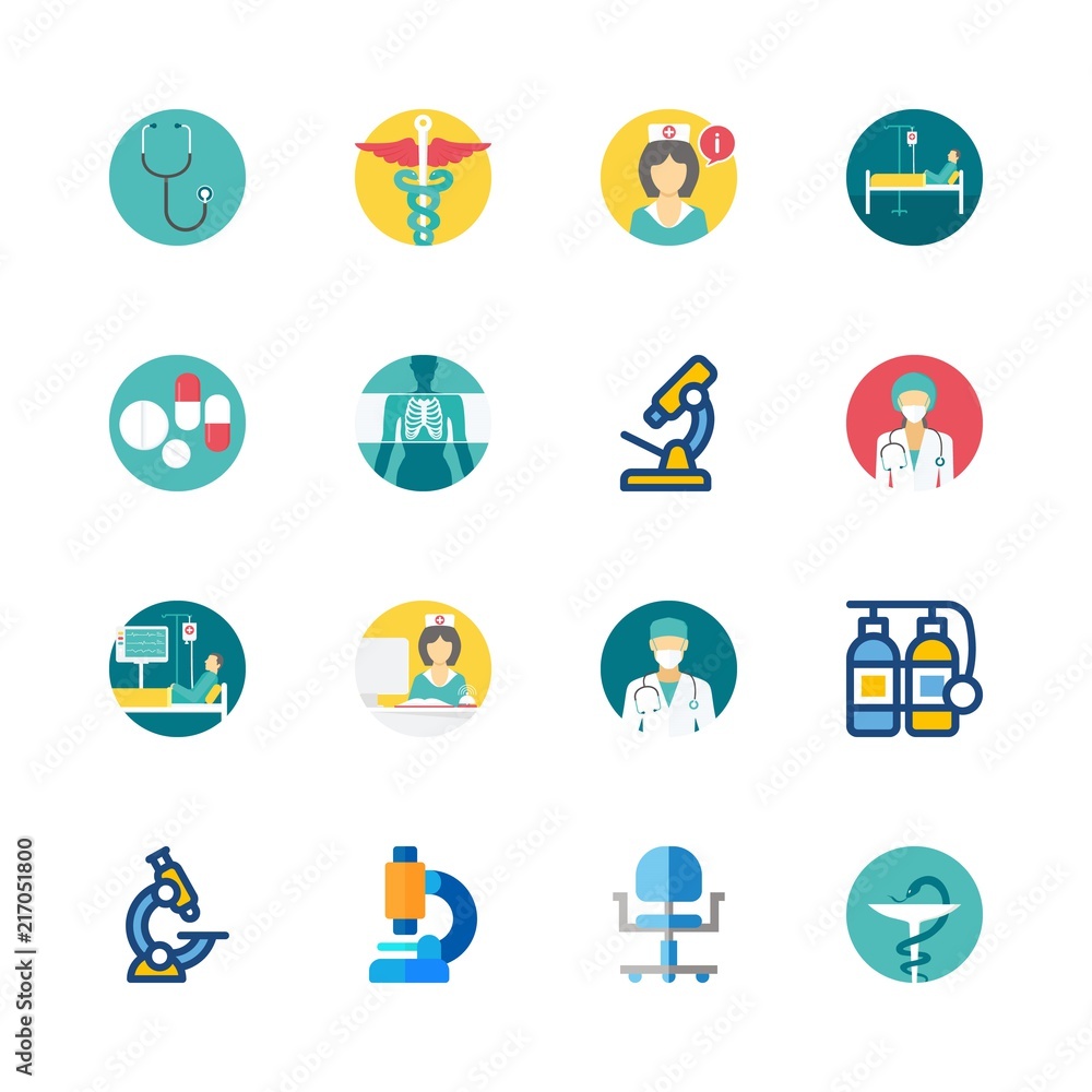 Fototapeta premium hospital vector icons set. x ray, wheel chair, surgeon and microscope in this set