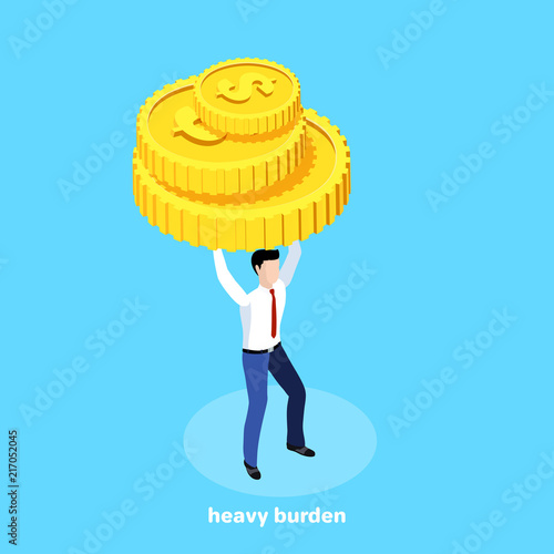 isometric image, a man in a business suit is holding large golden coins with a dollar sign over his head