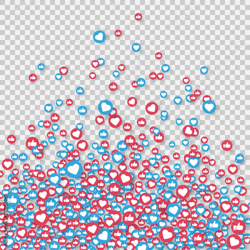 Social network symbol. Like and thumbs up icons isolated on transparent background. Counter notification icons. Social media elements. Emoji reactions. Vector illustration