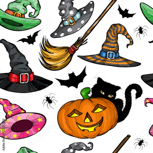 Fototapeta Naklejka Na Ścianę i Meble -  Seamless pattern with Witch hats, Halloween pumpkin, black cat and broom