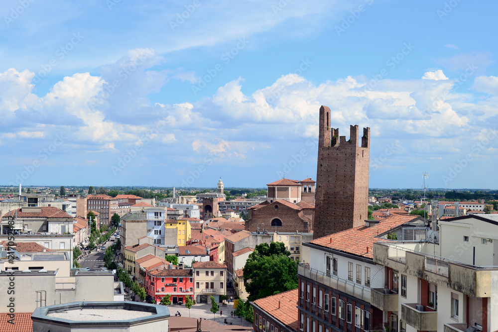 Aerial panoramic view of the city center of the little town of Rovigo with its main landmarks the tower and the Duomo. It is a nice village close to Venice in Italy.