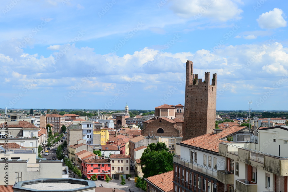 Aerial panoramic view of the city center of the little town of Rovigo with its main landmarks the tower and the Duomo. It is a nice village close to Venice in Italy. Aerial panoramic view of the city center of the little town of Rovigo with its main landmarks the tower and the Duomo. It is a nice village close to Venice in Italy.