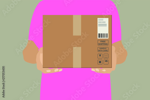 Parcel delivery. Delivery of a box with a fragile content. Special delivery, drop shipment. Free shipping of goods.