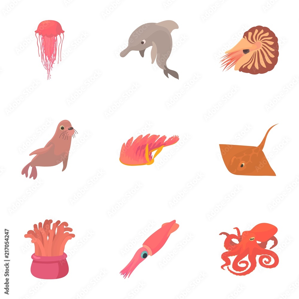 Resident marine life icons set. Cartoon set of 9 resident marine life vector icons for web isolated on white background
