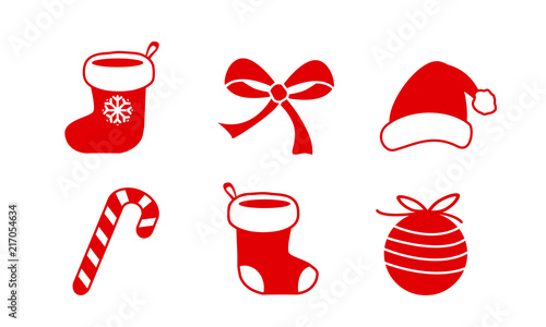 christmas icon symbol collection set, lolipop candy, christmas ball, santa claus socks and hat, bow ribbon, red and white cute simple flat vector illustration
