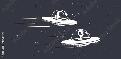 competition astronaut and aliens on flying saucers in outer space.Vector illustration