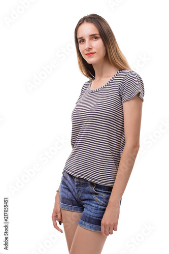 Smiling girl in shorts and stripet tshirt. photo