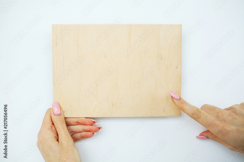 Office Woman Hands Holding a A Tree Board on White Background. Copyspace. Place for Text Office Woman Hands Holding a A Tree Board on White Background. Copyspace. Place for Text