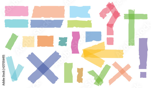 Set of accept or yes, cross and different size adhesive tape pieces on white background