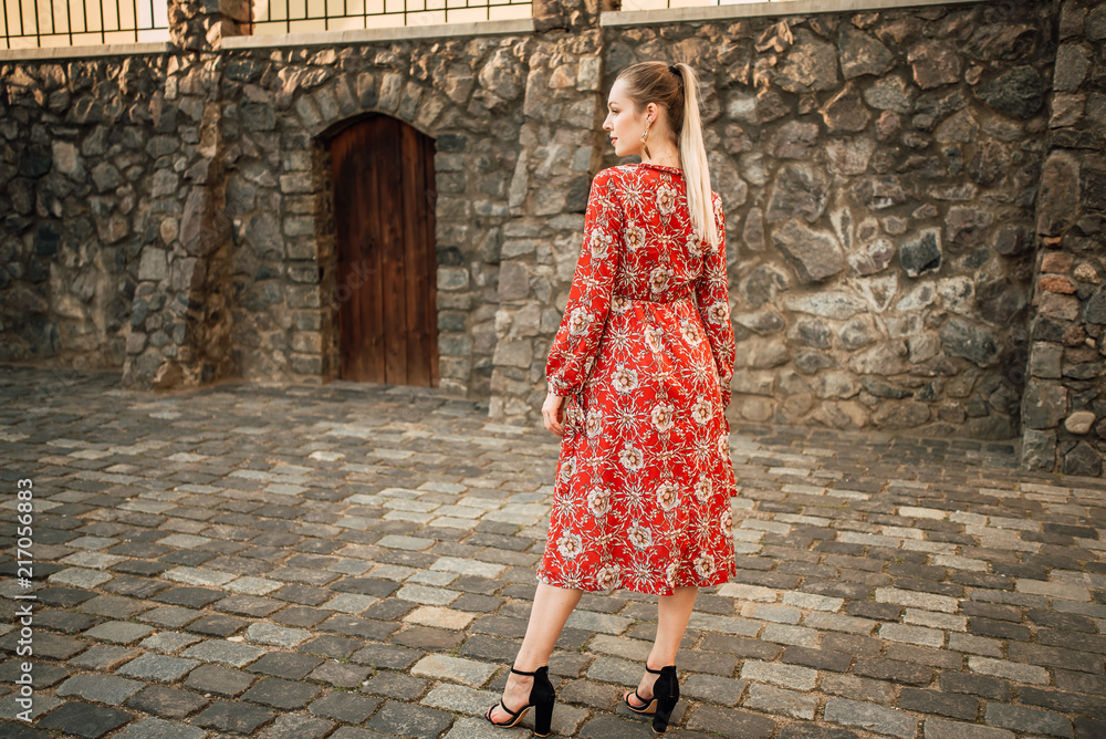 Beautiful young girl in a red dress outdoors, portrait of a stylish woman Beautiful young girl in a red dress outdoors, portrait of a stylish woman