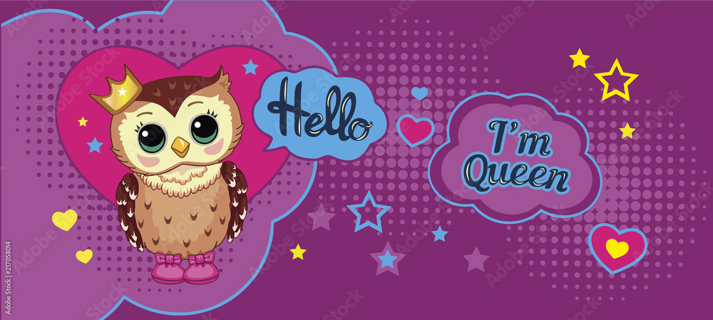 Cute funny owl with crown on abstract background. Children's cartoon illustration with animal, heart, stars and motivating text. Decorative and style doll, toy. Fairytale story. Wonderland. Vector. Cute funny owl with crown on abstract background. Children's cartoon illustration with animal, heart, stars and motivating text. Decorative and style doll, toy. Fairytale story. Wonderland. Vector.
