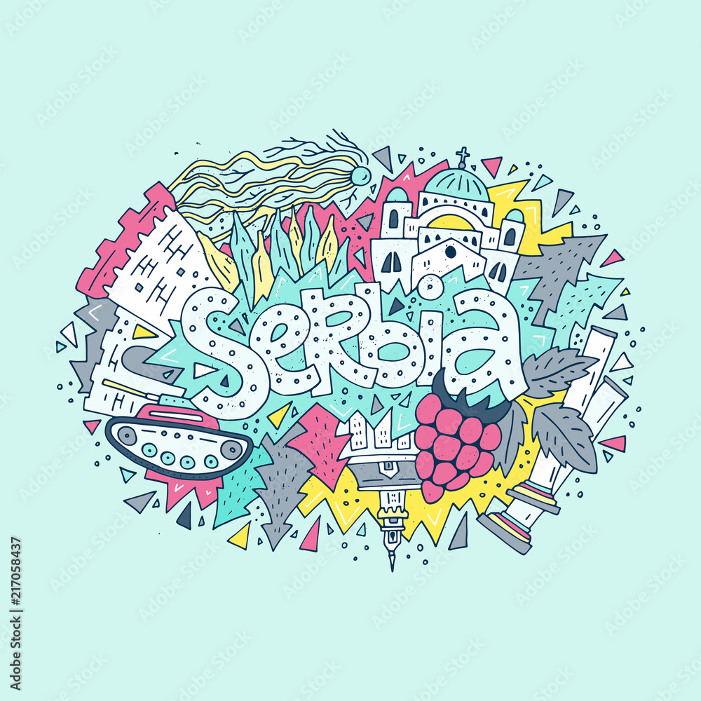 Fototapeta premium Colorful symbols of Serbia illustration