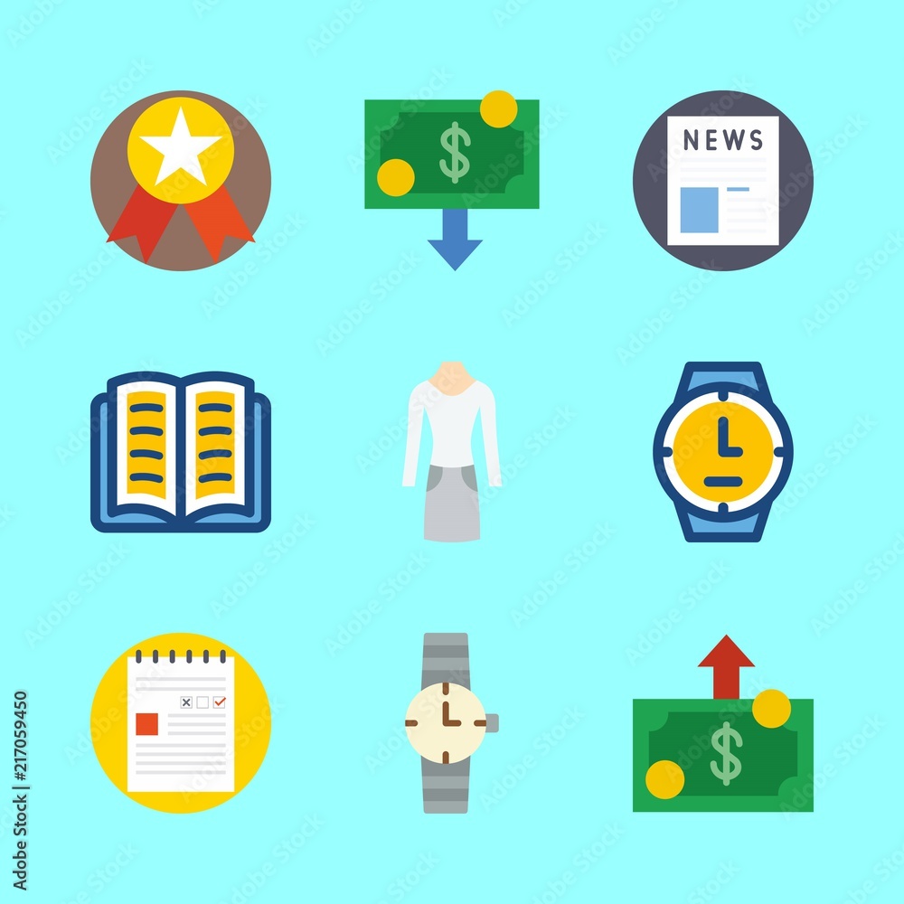business vector icons set. open book, medal, money and watch in this set business vector icons set. open book, medal, money and watch in this set