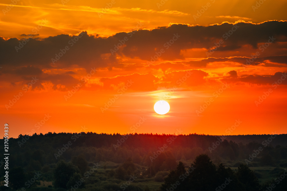 Sunrise Over Forest Landscape. Scenic View Of Sunset Sky With Sun