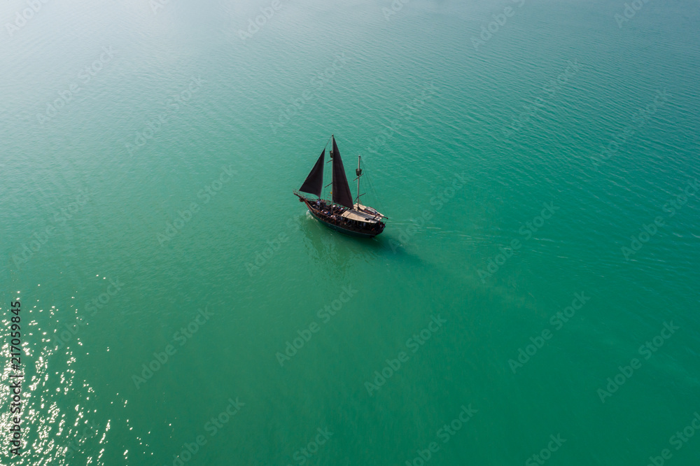 aerial photo of beautiful pirate ship