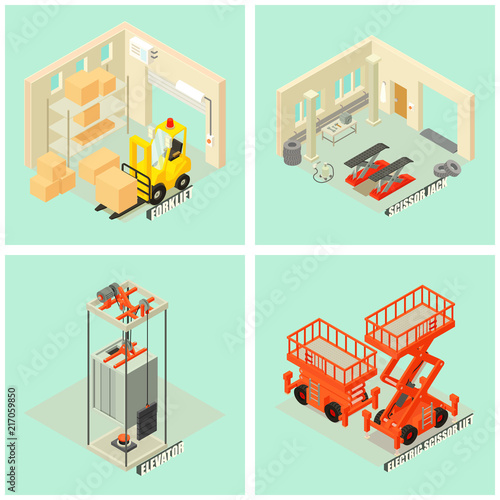 Lifting machine equipment icons set. Isometric illustration of 25 lifting machine equipment cargo vector icons for web